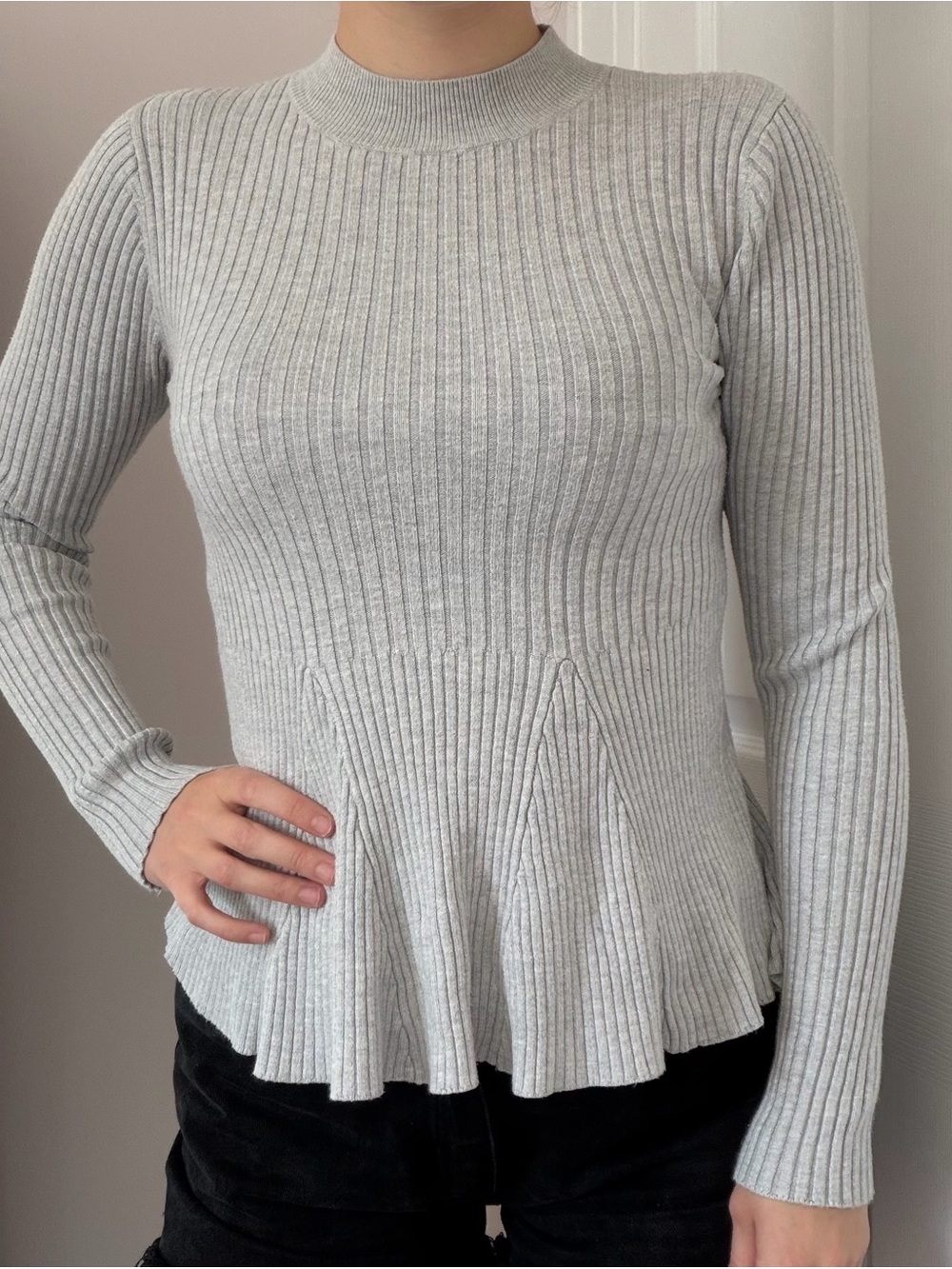 Lulu's Light Gray Ribbed Mock-Neck Peplum Top